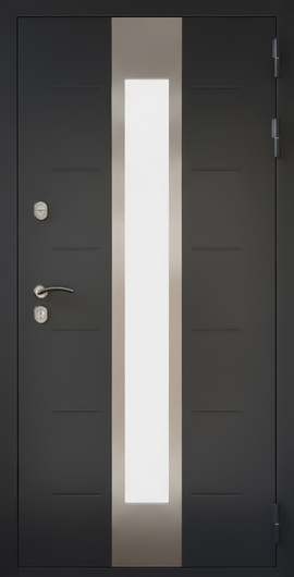 Стальная черная дверь с терморазрывом, длинным стеклом и выдавленным рисунком